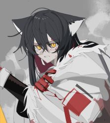 Rule 34 | 1girl, absurdres, arknights, black hair, blood, blood on clothes, blood on face, colored inner hair, ear piercing, fur-trimmed jacket, fur trim, gloves, grey background, hair between eyes, highres, jacket, lihuashuangxiang, long hair, long sleeves, looking at viewer, multicolored hair, official alternate costume, parted lips, piercing, red gloves, red hair, simple background, solo, texas (arknights), texas (winter messenger) (arknights), upper body, v-shaped eyebrows, white jacket, yellow eyes