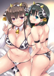 Rule 34 | 2girls, animal ears, animal print, arm strap, ass, back, bell, bikini, black hair, blue eyes, blush, breasts, brown hair, butt crack, closed mouth, commentary request, cow ears, cow horns, cow print, cowbell, detached collar, detached sleeves, ear tag, fake animal ears, fake horns, from behind, hair ornament, hairband, horns, jewelry, kneehighs, large breasts, lifting own clothes, long hair, looking at viewer, looking back, mizuhara yuu, multiple girls, navel, neck bell, open mouth, original, ponytail, print bikini, print hairband, print legwear, print socks, ring, sitting, smile, socks, strap lift, sweat, swimsuit, teeth, upper teeth only