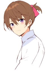 Rule 34 | 1boy, alternate hairstyle, brown hair, closed mouth, commentary request, eyes visible through hair, from side, frown, hair between eyes, hair ribbon, higurashi no naku koro ni, looking at viewer, maebara keiichi, male focus, pink ribbon, purple eyes, ribbon, shirt, short hair, short twintails, shy, simple background, solo, suzuragi karin, sweatdrop, twintails, twintails day, upper body, wavy mouth, white background, white shirt