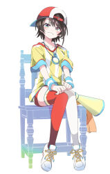 Rule 34 | 1girl, asymmetrical legwear, blush, brown hair, chair, full body, hat, hololive, ixy, looking at viewer, mismatched legwear, on chair, oozora subaru, oozora subaru (1st costume), red thighhighs, shirt, shoes, short hair, short sleeves, simple background, sitting, sneakers, solo, striped clothes, striped shirt, thighhighs, tomboy, vertical-striped clothes, vertical-striped shirt, virtual youtuber, white background, white footwear, white thighhighs