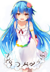 Rule 34 | 1girl, alternate costume, armlet, bare arms, bare shoulders, holding behind back, blue hair, blush, box, collarbone, commentary request, crossed legs, dress, efe, feet out of frame, food-themed hair ornament, hair ornament, hinanawi tenshi, holding, long hair, looking at viewer, no headwear, no headwear, open mouth, peach hair ornament, red eyes, red ribbon, ribbon, sidelocks, simple background, sleeveless, sleeveless dress, solo, standing, touhou, very long hair, white background, white dress
