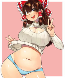 Rule 34 | 1girl, :d, belly, blue panties, blush, bow, breasts, brown eyes, brown hair, cleavage, cleavage cutout, clothes lift, clothing cutout, commentary request, contrapposto, cookie (touhou), cowboy shot, double v, frilled bow, frilled hair tubes, frills, hair bow, hair tubes, hakurei reimu, kanna (cookie), large breasts, long hair, looking at viewer, mo-fu, navel, open mouth, panties, pink background, red bow, ribbed sweater, round teeth, shiny skin, smile, solo, sweater, sweater lift, teeth, touhou, turtleneck, turtleneck sweater, two-tone background, underwear, v, white background, white sweater