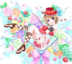 Rule 34 | 10s, 1girl, :d, arm garter, artistic error, bad id, bad pixiv id, bare shoulders, blush, bow, bridal garter, brown footwear, brown hair, cherry, cherry print, cross-laced clothes, cross-laced legwear, cup, dress, drinking glass, earrings, flower, food, food-themed clothes, food-themed earrings, food-themed ornament, food print, frills, fruit, full body, gladiator sandals, gloves, grapes, hair ornament, hairclip, hat, highres, hug, in container, jewelry, koizumi hanayo, lace, leaf, lemon, love live!, love live! school idol festival, love live! school idol project, mini person, minigirl, mint, open mouth, orange (fruit), orange slice, oversized object, petals, pink bow, purple eyes, red hat, sandals, shino (shinderera), shoes, short hair, sitting, smile, solo, strawberry, striped bow, striped clothes, striped gloves, swept bangs, toeless footwear, water