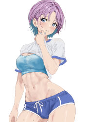Rule 34 | 1girl, abs, absurdres, asakura toru, blue shorts, blue sports bra, blush, breasts, cameltoe, cleavage, cleft of venus, clothes lift, commission, earrings, gym shirt, gym uniform, highres, idolmaster, idolmaster shiny colors, jewelry, lifted by self, looking at viewer, medium breasts, navel, pixiv commission, purple hair, shimerike yakisoba, shirt, shirt lift, short hair, short shorts, short sleeves, shorts, simple background, solo, sports bra, stomach, stud earrings, sweat, white background, wiping sweat