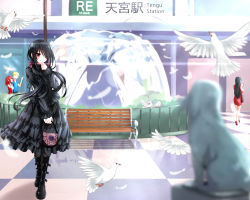 Rule 34 | 10s, 1boy, 1girl, absurdres, bag, belt boots, bench, bird, black dress, black footwear, black hair, blurry, blush, boots, checkered floor, couple, date a live, day, dress, finger to mouth, finger to own chin, fountain, full body, hair over one eye, handbag, highres, looking at viewer, low twintails, md5 mismatch, outdoors, red eyes, resolution mismatch, smile, solo focus, source smaller, standing, tokisaki kurumi, tsubasaki, twintails, water