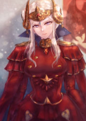 Rule 34 | 1girl, alternate hairstyle, blonde hair, blue eyes, cape, closed mouth, commentary request, corset, crown, double bun, dress, edelgard von hresvelg, feh xeri, fire emblem, fire emblem: three houses, hair ornament, hair up, headpiece, nintendo, aged up, red dress, solo, upper body