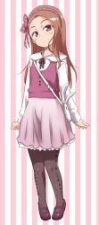 Rule 34 | 1girl, bag, idolmaster, idolmaster (classic), mary janes, minase iori, pantyhose, print pantyhose, shoes, shoulder bag, solo, star (symbol), star print, striped, striped background, ttomm, vertical stripes