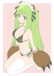 Rule 34 | 1girl, absurdres, animal ears, animal hands, animare, armpits, bad id, bad twitter id, bear ears, bikini, black bikini, blush, breasts, collarbone, donguri suzume, eyebrows, from above, gloves, green eyes, green hair, groin, hair ribbon, headdress, highres, hinokuma ran, large breasts, long hair, looking at viewer, nanashi inc., navel, parted lips, paw gloves, pink background, ribbon, ribs, seiza, side-tie bikini bottom, simple background, single thighhigh, sitting, solo, swimsuit, thighhighs, thighs, twintails, very long hair, virtual youtuber