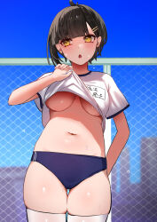 Rule 34 | 1girl, arm behind back, black hair, blue buruma, blue sky, blunt bangs, blush, breasts, buruma, chain-link fence, clothes lift, commentary request, commission, day, fence, gym shirt, hair ornament, hairclip, highres, large breasts, lifted by self, name tag, navel, onsen musume, open mouth, outdoors, shiny skin, shionoe shuko, shirt, shirt lift, short eyebrows, short hair, short sleeves, skeb commission, sky, solo, sweat, takeno omoti, thighhighs, underboob, white shirt, white thighhighs, yellow eyes