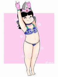 Rule 34 | 1girl, absurdres, armor, armpits, arms up, bare shoulders, barefoot, bikini armor, black hair, blunt bangs, blush, chi-chi (dragon ball), child, closed eyes, closed mouth, dragon ball, dragon ball (classic), feet, female focus, flat chest, full body, gloves, heart, highres, legs, long hair, mitchan, outside border, pink background, simple background, smile, solo, standing, stretching, thighs, tiptoes, toes, twitter username, wavy mouth, white background
