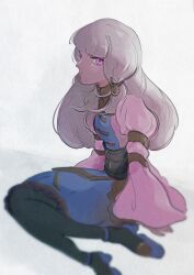 Rule 34 | 1girl, black pantyhose, closed mouth, commentary request, corset, dress, fire emblem, fire emblem: three houses, fire emblem warriors: three hopes, highres, long hair, looking at viewer, lysithea von ordelia, mofu2chikuwa, nintendo, official alternate costume, pantyhose, pink dress, pink eyes, pout, purple dress, simple background, sitting, solo, two-tone dress, white background, white hair, wide sleeves