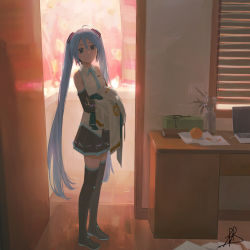 Rule 34 | 1girl, absurdres, black footwear, black skirt, black sleeves, black thighhighs, window blinds, blue eyes, blue hair, blue necktie, boots, chinese commentary, closed mouth, collared shirt, commentary request, computer, detached sleeves, food, fruit, full body, hatsune miku, highres, holding, holding clothes, indoors, laptop, linpiu, long hair, looking at viewer, necktie, orange (fruit), paper, plant, potted plant, shirt, signature, skirt, sleeveless, sleeveless shirt, smile, solo, standing, thigh boots, thighhighs, twintails, vase, very long hair, vocaloid, white shirt, wooden floor