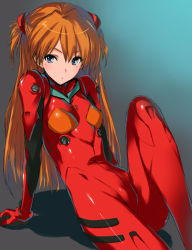 Rule 34 | 1girl, arm support, blue eyes, blush, bodysuit, bracer, breasts, gloves, gradient background, grey background, hair ornament, kawata hisashi, knee up, long hair, neon genesis evangelion, orange hair, parted lips, pilot suit, plugsuit, reclining, shadow, shiny clothes, short twintails, sitting, skinny, small breasts, solo, souryuu asuka langley, turtleneck, twintails, two side up