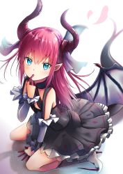 Rule 34 | 10s, 1girl, :o, asymmetrical horns, black dress, black wings, blue eyes, blurry, blush, boots, buckle, circle skirt, curled horns, depth of field, detached sleeves, dragon girl, dragon horns, dragon tail, dragon wings, dress, elizabeth bathory (fate), elizabeth bathory (fate/extra ccc), elizabeth bathory (first ascension) (fate), fate/extra, fate/extra ccc, fate (series), finger to mouth, flat chest, frilled dress, frills, from above, full body, hair between eyes, hand up, heart, high heel boots, high heels, highres, horns, knee boots, long hair, looking at viewer, on floor, pink hair, pointy ears, reflective floor, renka (cloudsaikou), short dress, sidelocks, simple background, sitting, solo, tail, two side up, uneven horns, wariza, white background, wings, wrist cuffs