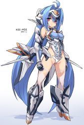 Rule 34 | 1girl, ahoge, android, blue hair, breasts, character name, closed mouth, commentary request, full body, gradient background, highres, karukan (monjya), kos-mos, long hair, looking at viewer, medium breasts, pink eyes, solo, standing, striped, thighs, vertical stripes, white background, xenosaga