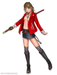 Rule 34 | 1girl, boots, brown eyes, brown hair, female focus, full body, katana, no bra, ryu (ryu&#039;s form site), simple background, skirt, solo, sword, thighhighs, weapon, white background