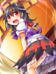 Rule 34 | 1girl, bent over, black hair, cone horns, dress, fang, fun bo, grey horns, horns, kijin seija, multicolored hair, open mouth, print dress, puffy short sleeves, puffy sleeves, red eyes, revision, sash, short sleeves, solo, streaked hair, touhou, upskirt