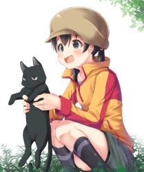 Rule 34 | 10s, 1girl, animal, black hair, blush, cat, chito (flying witch), flying witch, green eyes, hat, highres, holding, holding animal, holding cat, kuramoto chinatsu, long sleeves, mad (hazukiken), open mouth, smile, solo