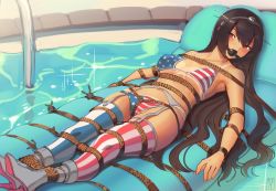 Rule 34 | 1girl, alternate costume, american flag bikini, american flag legwear, asymmetrical legwear, ball gag, bdsm, bikini, black hair, bondage, bound, breasts, commission, flag print, gag, gagged, garter belt, headgear, highres, kaddo, kantai collection, large breasts, long hair, lying, mismatched legwear, nagato (kancolle), navel, on back, red eyes, rope, solo, striped clothes, striped thighhighs, swimsuit, tan, thighhighs, vertical-striped clothes, vertical-striped thighhighs