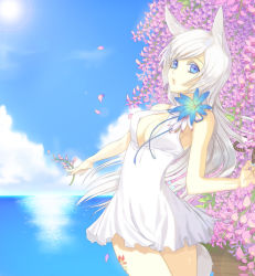 Rule 34 | 1girl, animal ears, bad id, bad pixiv id, blue eyes, breasts, cleavage, cleavage cutout, clothing cutout, cloud, colored eyelashes, day, dress, enk, flower, long hair, medium breasts, ocean, original, petals, sky, sleeveless, sleeveless dress, solo, sun, tail, water, white hair