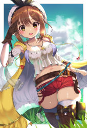 Rule 34 | 1girl, atelier (series), atelier ryza, atelier ryza 1, azumi (mocha), belt, beret, blue sky, blush, breasts, brown belt, brown eyes, brown gloves, brown hair, brown thighhighs, cleavage, cloud, collarbone, commentary request, gloves, grass, hair ornament, hairclip, hat, highres, jewelry, looking at viewer, medium breasts, navel, necklace, open mouth, outdoors, red shorts, reisalin stout, salute, short shorts, shorts, single glove, sky, solo, standing, star (symbol), star necklace, teeth, test tube, thighhighs, thighs, upper teeth only, white hat, white thighhighs