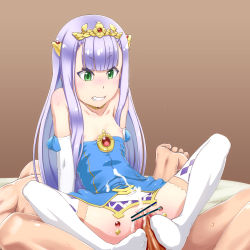 Rule 34 | 10s, 1girl, bad id, bad pixiv id, bare shoulders, blush, censored, clenched teeth, cum, dress, elbow gloves, feet, footjob, gloves, green eyes, highres, jewelry, long hair, lots of jewelry, necklace, outbreak company, penis, petite, petralka anne eldant iii, purple hair, sitting, solo focus, takeda yukimura, teeth, thighhighs, tiara, white gloves