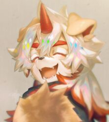 Rule 34 | 1boy, ahonobo, arknights, close-up, closed eyes, cropped, fangs, furry, furry male, holding, horns, hung (arknights), long hair, looking at viewer, male focus, multicolored hair, mythological creature, open mouth, simple background, single horn, smile