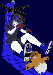 Rule 34 | 1boy, alternate costume, bare legs, black eyes, blue background, blue footwear, boots, button eyes, buttons, chain, closed mouth, damaged, floating, gears, glass, gloves, grey hair, highres, hood, hook, jewelry, jin chongtian, liquid, looking at viewer, male focus, outstretched arms, pale skin, red gloves, restrained, ring, short sleeves, sitting, solo, stitches, string, stuffed animal, stuffed toy, teddy bear, text background, text focus, vocaloid, vocanese, wrist cuffs, zhiyu moke