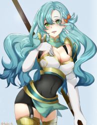 Rule 34 | 1girl, aqua hair, armor, bow, braid, breastplate, breasts, chloe (fire emblem), cleavage, covered navel, cowboy shot, earrings, elbow gloves, fire emblem, fire emblem engage, garter straps, gloves, green eyes, grey background, hair bow, hand on own chest, highres, holding, holding polearm, holding weapon, jewelry, large breasts, looking at viewer, nintendo, pegasus, pegasus knight uniform (fire emblem), polearm, shoulder armor, side braid, simple background, single braid, skin tight, smile, solo, swept bangs, tankei fm, thighhighs, twitter username, weapon, white gloves