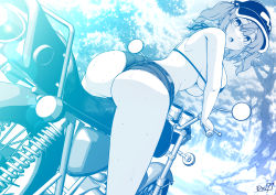 Rule 34 | 1girl, alternate costume, ass, back, backboob, bikini, bikini top only, blue theme, blush, breasts, commentary request, flat cap, forest, hair bobbles, hair ornament, hat, highres, kagiyama shachou, kawashiro nitori, large breasts, looking at viewer, medium hair, monochrome, motor vehicle, motorcycle, nature, on motorcycle, open mouth, outdoors, short shorts, shorts, sidelocks, solo, sweat, swimsuit, touhou, tree, two side up, underboob