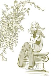 Rule 34 | 1girl, bodysuit, braid, commentary, final fantasy, final fantasy xii, flower, full body, greyscale, long hair, looking at viewer, mochi (hanamaruudondesu), monochrome, open mouth, penelo, simple background, sitting, smile, solo, thighhighs, twin braids, twintails, white background