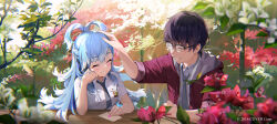 Rule 34 | 1boy, 1girl, absurdres, biittertaste, black-framed eyewear, black hair, blue hair, blush, breast pocket, closed eyes, commentary, company name, copyright notice, elbows on table, english commentary, flipped hair, floral background, flower, glasses, gradient hair, grey necktie, grin, hand on another&#039;s head, headpat, highres, hololive, hololive indonesia, indonesian high school uniform, jacket, kobo kanaeru, leaf, letter, long hair, love letter, multicolored hair, necktie, official art, pocket, red jacket, school uniform, shirt, short sleeves, smile, table, two-tone hair, virtual youtuber, white hair, white shirt