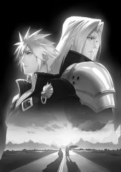 Rule 34 | 2boys, armor, back-to-back, black background, black jacket, black shirt, cloud strife, earrings, eilinna, facing away, final fantasy, final fantasy vii, final fantasy vii advent children, greyscale, hair between eyes, high collar, highway, jacket, jewelry, landscape, long hair, male focus, monochrome, motor vehicle, motorcycle, mountain, multiple boys, multiple views, open collar, outdoors, parted bangs, sephiroth, shirt, short hair, shoulder armor, shoulder strap, single earring, single wing, spiked hair, square enix, standing, upper body, wide shot, wings, wolf
