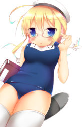Rule 34 | 10s, 1girl, bad id, bad pixiv id, blonde hair, blue eyes, blush, book, glasses, hat, i-8 (kancolle), kantai collection, one-piece swimsuit, ponpon (tosico), school swimsuit, short hair, solo, swimsuit, thighhighs, torpedo, twintails