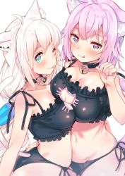 Rule 34 | 2girls, ahoge, animal ear fluff, animal ears, asymmetrical docking, bell, blue eyes, blush, braid, breast press, breasts, cat ears, cat girl, cat lingerie, cat tail, choker, cleavage, cleavage cutout, closed mouth, clothing cutout, collarbone, commentary, cowboy shot, hair between eyes, hololive, kemonomimi mode, kittysuit, large breasts, long hair, looking at viewer, meme attire, multiple girls, navel, neck bell, nekomata okayu, nontraditional playboy bunny, one eye closed, paw pose, purple eyes, purple hair, shirakami fubuki, short hair, side braid, smile, tail, tonarikeru, tongue, tongue out, virtual youtuber, white hair