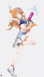 1girl absurdres arm_up armpits bead_necklace beads bikini blue_bikini breasts denim denim_shorts dohyo123123 eyewear_on_head full_body gakuen_idolmaster green_eyes high_tops highleg highleg_bikini highres holding holding_water_gun idolmaster jewelry kimi_to_semi_blue_(idolmaster) long_hair necklace one_eye_closed orange_hair orange_wristband shiun_sumika shoes short_shorts shorts smile sneakers solo standing standing_on_one_leg sunglasses swimsuit thigh_strap tinted_eyewear torn_clothes torn_shorts water_gun