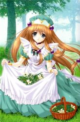 Rule 34 | 1girl, :d, apron, basket, blue eyes, bracelet, brown hair, choker, day, dress, flower, frilled apron, frills, full body, grass, green dress, hair ornament, hat, jewelry, kimizuka aoi, long hair, looking at viewer, maid, maid apron, open mouth, outdoors, puffy short sleeves, puffy sleeves, short sleeves, sitting, skirt basket, smile, solo, tree