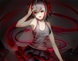 Rule 34 | 1girl, :d, arknights, bare arms, bare shoulders, black skirt, brown eyes, commentary, english commentary, grey tank top, hair between eyes, hand in own hair, hand up, highres, horns, looking at viewer, miniskirt, nano (nanofarla), open mouth, pleated skirt, short hair, silver hair, skirt, smile, solo, tail, tank top, upper body, w (arknights)