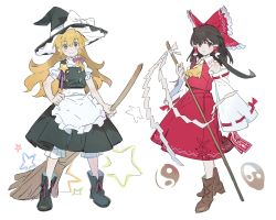 Rule 34 | 2girls, apron, armpit peek, ascot, black dress, black headwear, blush, bow, braid, broom, detached sleeves, dress, floating hair, hair tubes, hakurei reimu, hand on own hip, hat, hat bow, head tilt, highres, holding, holding broom, iovebly, japanese clothes, kirisame marisa, maid apron, miko, multiple girls, purple eyes, red bow, red eyes, red skirt, sidelocks, skirt, smile, standing, star (symbol), touhou, white background, white bow, witch, yellow ascot