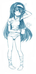 Rule 34 | 1girl, arm up, bbb (friskuser), blue theme, bra strap, closed mouth, coffee mug, commentary, crotch seam, cup, full body, girls und panzer, hairband, half-closed eyes, hand on own head, head tilt, highres, holding, holding cup, light frown, long hair, looking at viewer, loungewear, md5 mismatch, monochrome, mug, no pants, off shoulder, panties, reizei mako, resolution mismatch, shirt, short sleeves, sleepy, socks, solo, source smaller, standing, steam, striped clothes, striped panties, underwear, underwear only, vertical-striped clothes, vertical-striped panties