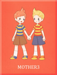 Rule 34 | 2boys, arm at side, black eyes, blonde hair, blue footwear, blue shorts, blush stickers, brothers, brown hair, brown shorts, claus (mother 3), copyright name, crying, holding hands, lucas (mother 3), male focus, memi (gamemix), mother (game), mother 3, multiple boys, nintendo, open mouth, red footwear, shirt, shoes, short hair, shorts, siblings, sneakers, socks, solid oval eyes, striped clothes, striped shirt, white socks