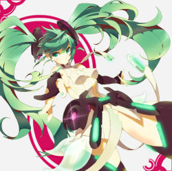 Rule 34 | 1girl, breasts, bridal gauntlets, female focus, from below, green eyes, green hair, hatsune miku, hatsune miku (append), long hair, matching hair/eyes, rassie s, solo, thighhighs, twintails, very long hair, vocaloid, vocaloid append, white background
