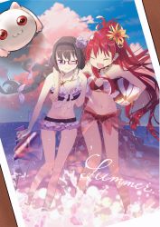Rule 34 | 2girls, :d, ;d, ^ ^, akemi homura, akemi homura (swimsuit ver.), arm around neck, arm at side, ball, bare arms, bare legs, bare shoulders, barefoot, beach, beachball, bikini, black bikini, black hair, black hairband, blue sky, blunt bangs, blush, bracelet, braid, breasts, carrying, carrying under arm, closed eyes, clothes around waist, cloud, cloudy sky, collar, collarbone, commentary request, day, dutch angle, english text, flower, frilled bikini, frilled bikini top, frills, full body, glasses, gun, hair flower, hair ornament, hair ribbon, hairband, happy, high ponytail, highres, holding, holding ball, holding gun, holding weapon, jewelry, kyubey, light rays, long hair, looking at another, mahou shoujo madoka magica, midriff, multiple girls, objectification, ocean, one eye closed, open mouth, orange flower, outdoors, partially submerged, photo (object), ponytail, purple bikini, purple flower, purple ribbon, purple rose, red-framed eyewear, red hair, ribbon, rose, sakura kyoko, sakura kyoko (swimsuit ver.), see-through, sky, small breasts, smile, soaking feet, standing, stomach, summer, sunbeam, sunlight, swimsuit, teeth, text focus, twin braids, very long hair, wading, waist cape, watanuki uchiha, water, water gun, weapon