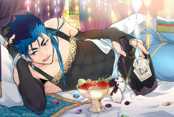 Rule 34 | 1boy, alcohol, bad id, bad pixiv id, bed, blue hair, bracelet, covered navel, cu chulainn (caster) (fate), cu chulainn (fate), cu chulainn (fate/stay night), dated, earrings, elbow gloves, fang, fate/grand order, fate (series), fingerless gloves, food, fruit, fruit cup, gem, gloves, gold, grapes, head rest, highres, holy grail (fate), jewelry, licking lips, liquor, long hair, lying, male focus, muscular, necklace, on side, open mouth, pectorals, pillow, red eyes, skin tight, solo, spiked hair, tank top, tongue, tongue out, zunda (stnt ubw)