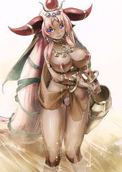 Rule 34 | 1girl, absurdly long hair, animal ears, ankh, armlet, bad id, bad pixiv id, blue eyes, blush, bracelet, breasts, colored eyelashes, colored pubic hair, dark-skinned female, dark skin, egyptian, female focus, female pubic hair, hathor (p&amp;d), horns, jar, jewelry, lactation, large breasts, long hair, nipples, open mouth, pink hair, pubic hair, puzzle &amp; dragons, smile, solo, very long hair, wading, water, yohane