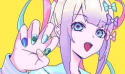 Rule 34 | 1girl, arrow (symbol), blonde hair, blue bow, blue eyes, blue hair, blue nails, blunt bangs, bow, chouzetsusaikawa tenshi-chan, earth (planet), eencya, grey nails, hair bow, hair ornament, hand up, heart, heart hair ornament, long hair, long sleeves, looking at viewer, multicolored hair, nail art, nail polish, needy girl overdose, official art, open mouth, pink bow, pink hair, pixel art, planet, purple bow, quad tails, second-party source, simple background, solo, upper body, yellow background