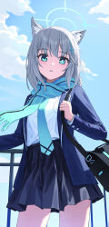 Rule 34 | 1girl, alohayuja, animal ear fluff, animal ears, bad id, bad pixiv id, bag, black bag, black skirt, blue archive, blue eyes, blue jacket, blue necktie, blue scarf, blue sky, bright pupils, cloud, commentary request, cowboy shot, cross hair ornament, day, fringe trim, grey hair, hair ornament, halo, hand up, high-waist skirt, highres, holding, jacket, korean commentary, long sleeves, looking at viewer, medium hair, mismatched pupils, necktie, open clothes, open jacket, outdoors, parted lips, pleated skirt, pocket, railing, scarf, school uniform, shiroko (blue archive), shirt, shirt tucked in, shoulder bag, sidelocks, skirt, sky, solo, thighs, white pupils, white shirt, wolf ears