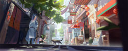 Rule 34 | 2boys, animal ears, black cat, blue hair, building, cat, cat boy, cat ears, cat tail, child, commentary request, dappled sunlight, day, felicia chen, highres, long hair, luo xiaohei, luo xiaohei (human), luo xiaohei zhanji, multiple boys, outdoors, squatting, standing, sunlight, tail, tree, very long hair, wide shot, wuxian (the legend of luoxiaohei)