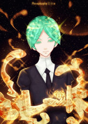 Rule 34 | androgynous, bad id, bad pixiv id, black necktie, black shirt, character name, closed mouth, collared shirt, commentary request, czy (2894456992), expressionless, gender request, green eyes, green hair, heart, highres, houseki no kuni, necktie, no humans, parted bangs, phosphophyllite, puffy short sleeves, puffy sleeves, shirt, short hair, short sleeves, solo, spoilers, star (symbol), starry background, white shirt, wing collar