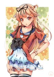 Rule 34 | 10s, 1girl, alternate costume, blonde hair, camera, contemporary, dango remi, flower, hair bobbles, hair ornament, hair ribbon, hairclip, hand on own hip, highres, kantai collection, long hair, looking at viewer, open mouth, red eyes, ribbon, solo, thighhighs, wristband, yuudachi (kancolle), yuudachi kai ni (kancolle)